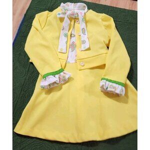 Vintage 1960s Girls Dress Jacket Set Yellow Floral Neck Bow Back Zip Sleeveless